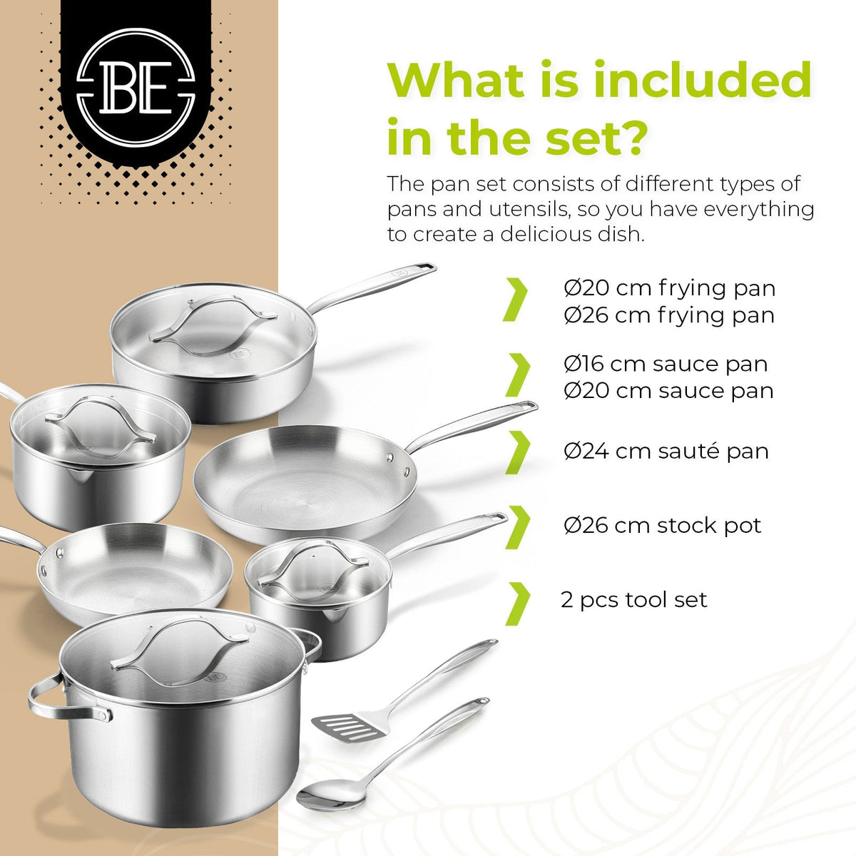 BE | LIVING Essential Series 12 pcs Cookware Set (Triply Stainless Steel) - Resonant