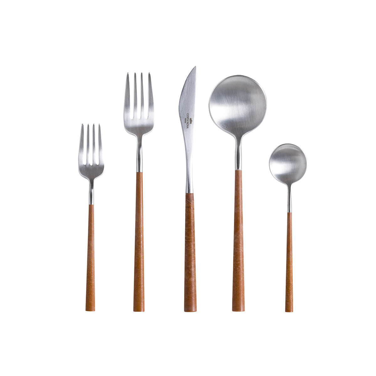 Flatware 5 Pieces Set Mito in Brushed Silver - Wood Cable - Resonant- COSTA NOVA