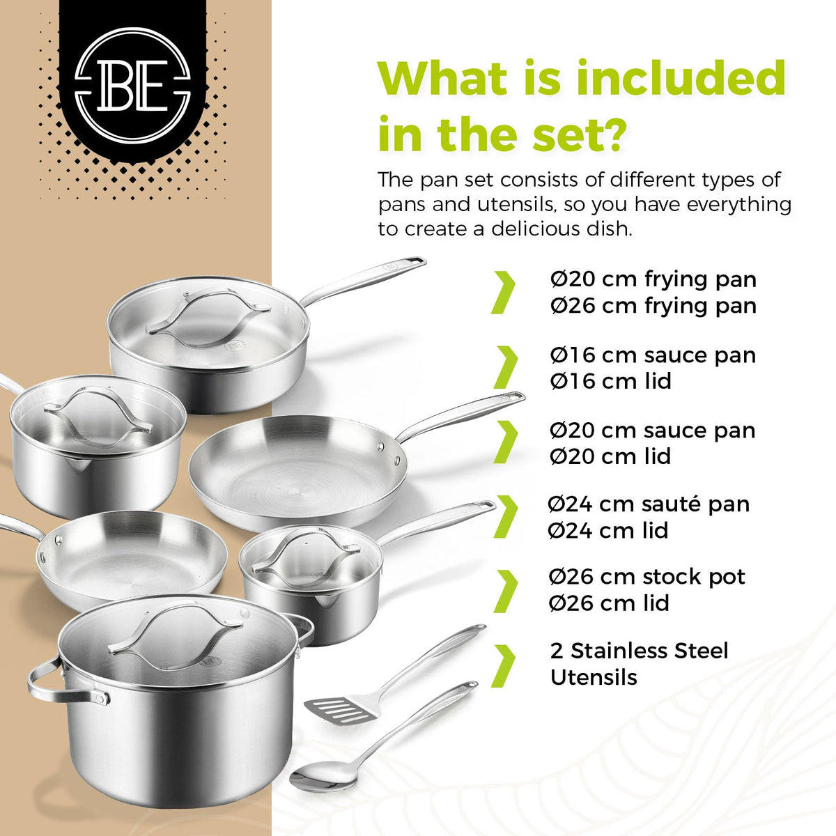 BE | LIVING Essential Series 12 pcs Cookware Set (Triply Stainless Steel) - Resonant